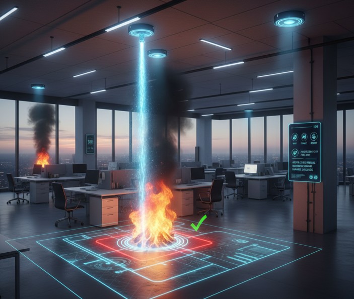 AI-powered fire safety sensors detecting heat and smoke in a smart building